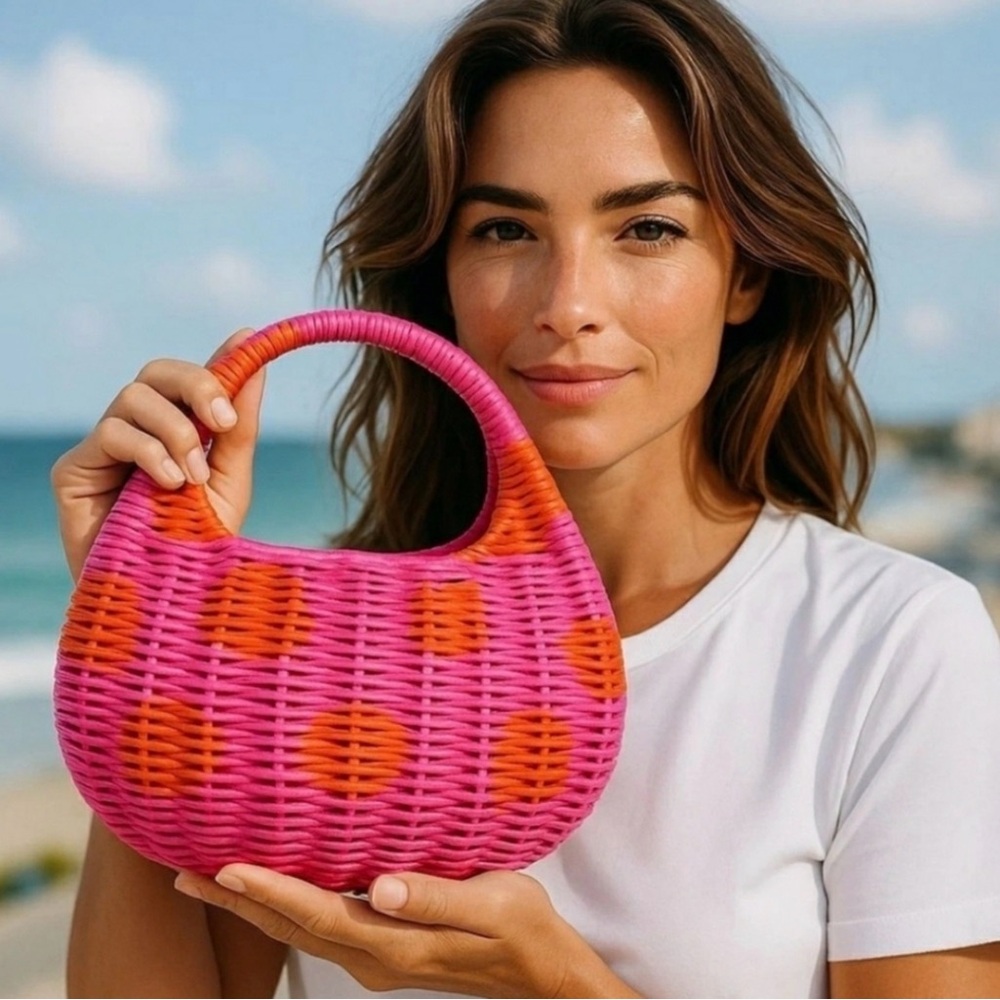 Kate Spade New York X Target- Pink and Orange Polka Dot Wicker Crescent Bag - Picture 3 of 4